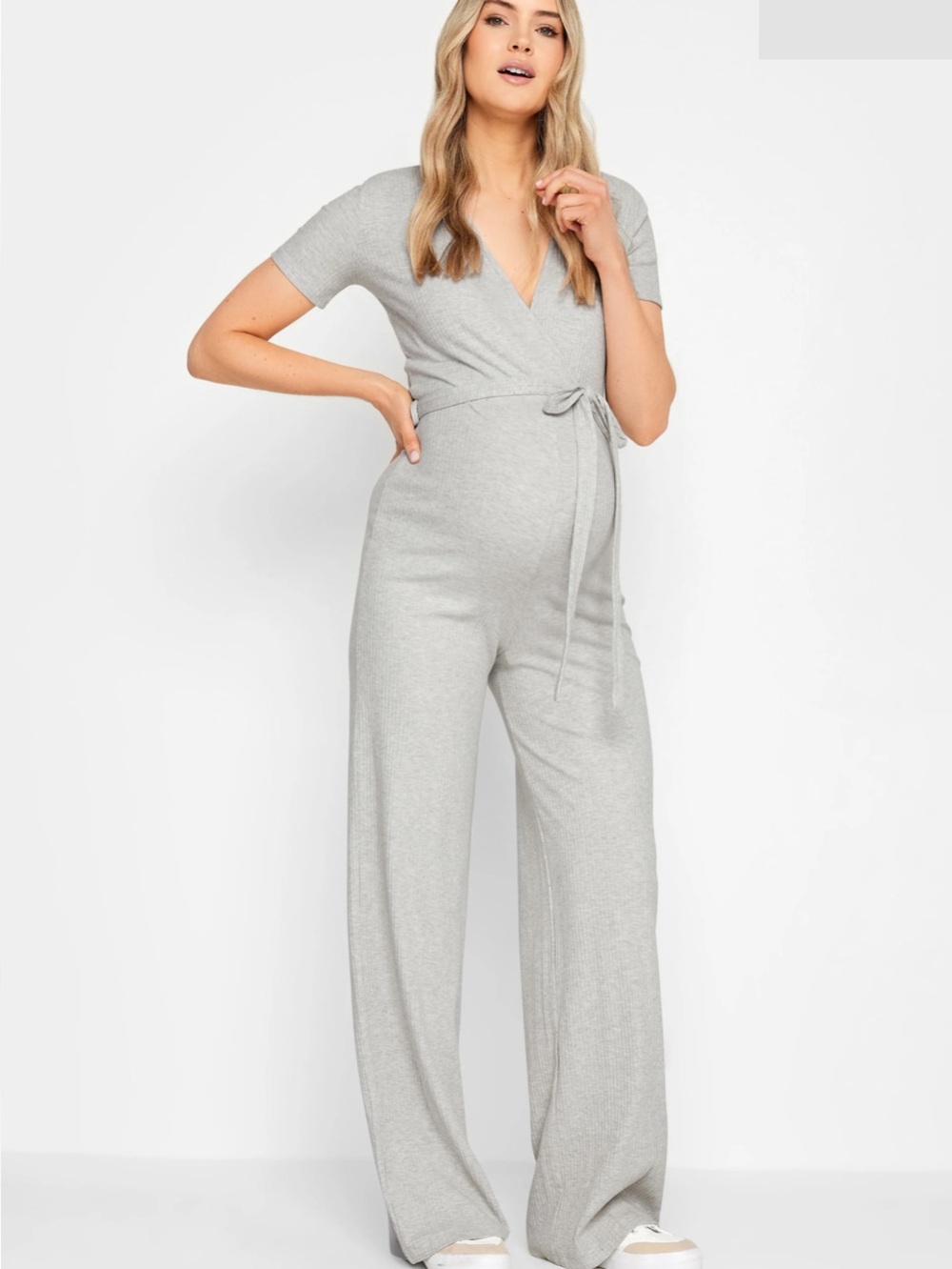 LONG TALL SALLY Gray Ribbed Wrap Front Tie Waist Maternity Jumpsuit 8 NWT
